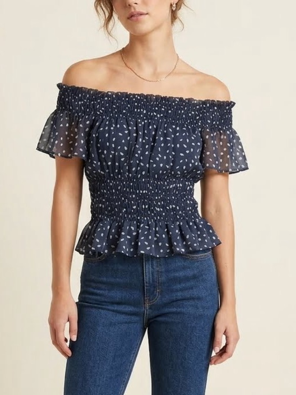 Abercrombie & Fitch NWT Smocked Off-The-Shoulder Ruffle Blouse Navy Blue M